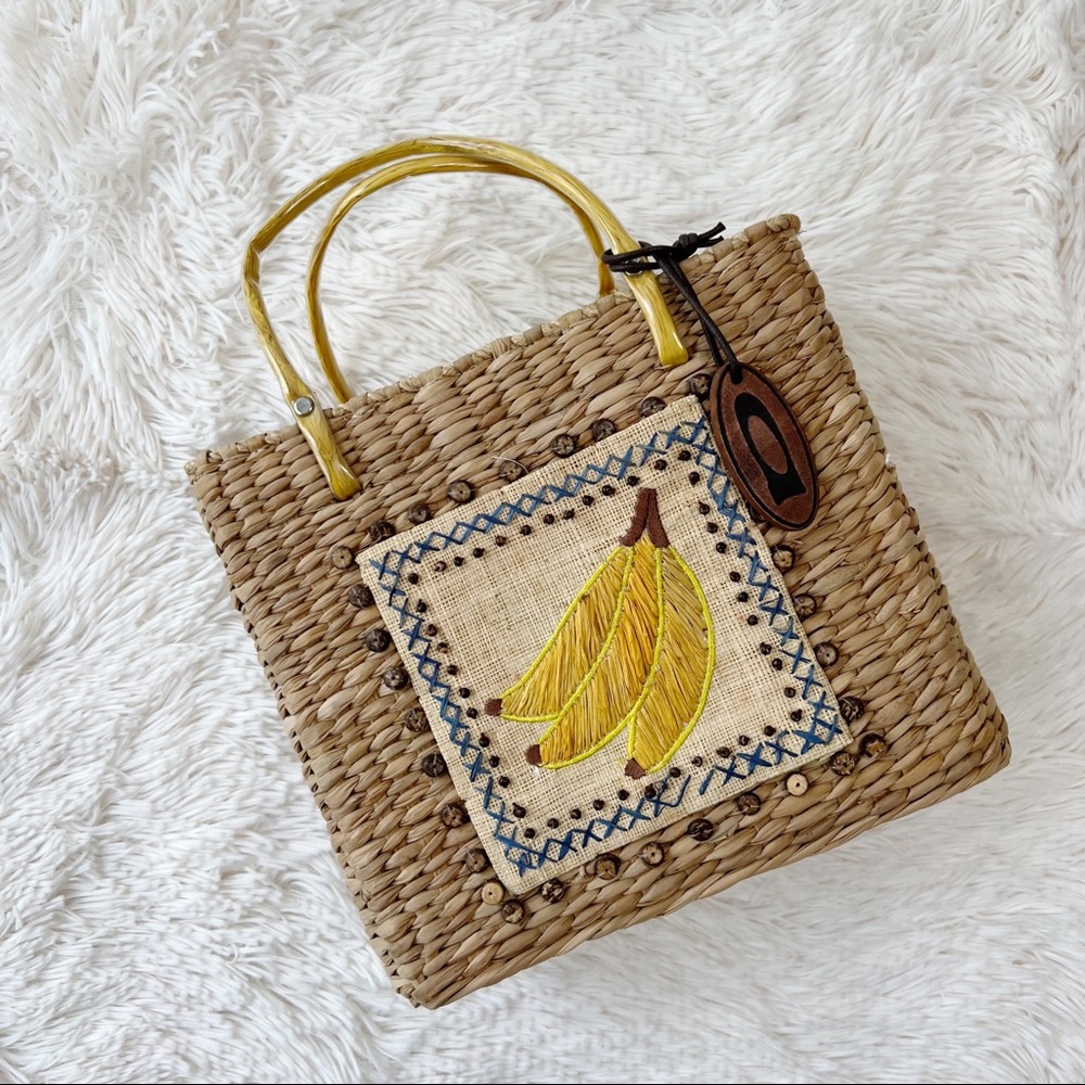 August straw handbag woven straw bag embroidered banana fruit print appliqué